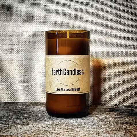Lake Wanaka Retreat Soy Candle from Earth candles. Proudly made in New Zealand from re purposed bottles. This one is 200 grams