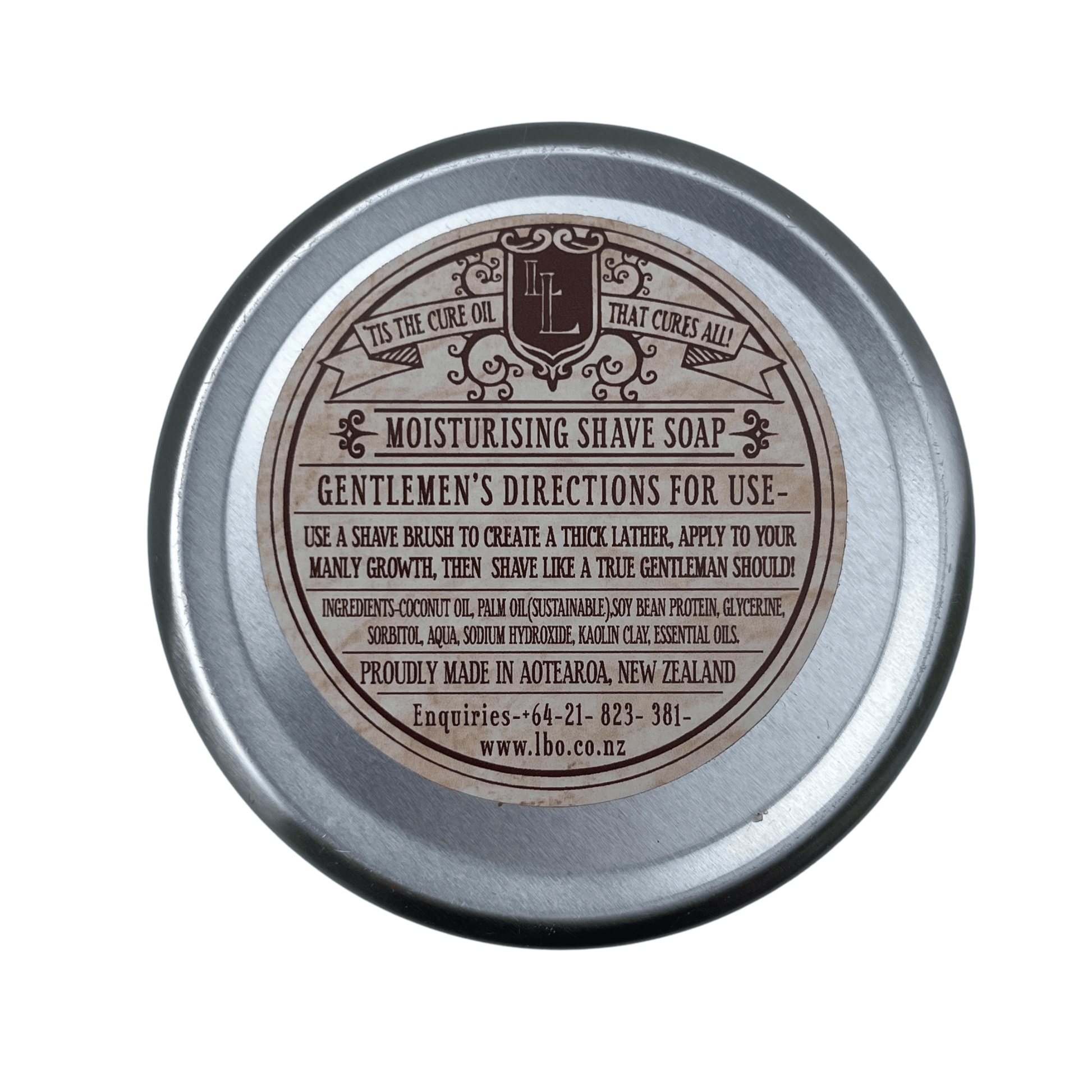 Underside of Metal tin of Lamberts Luscious shaving soap showing directions for use.