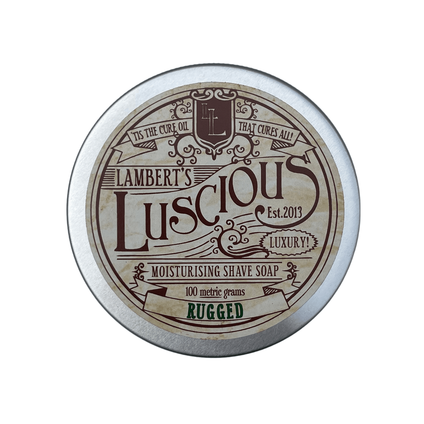 Metal tin of Lamberts Luscious shaving soap.