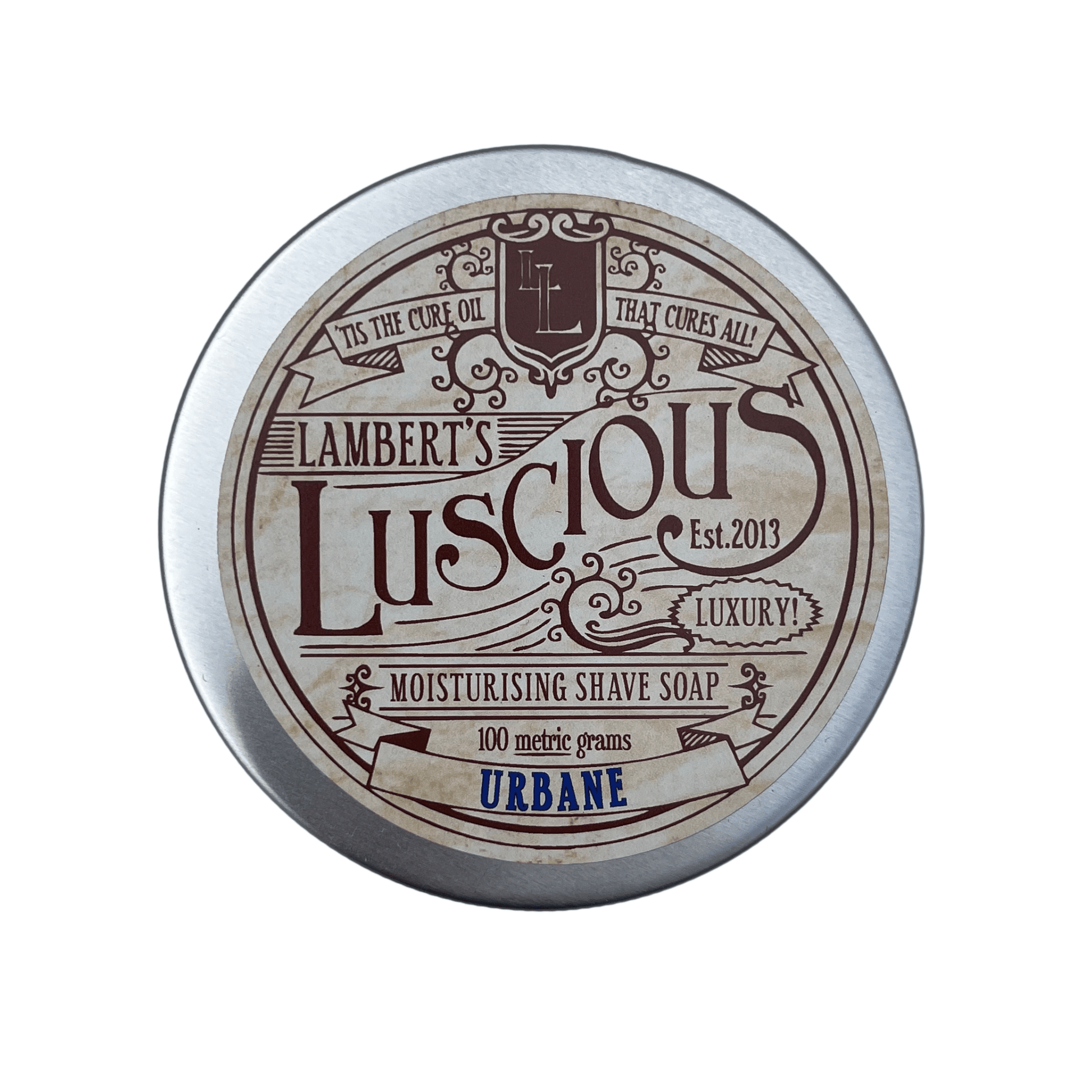 Metal tin of Lamberts Luscious shaving soap.