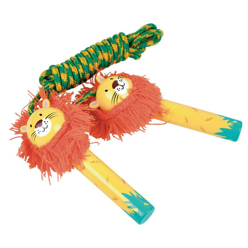 Green and yellow skipping rope with wooden handles shaped like lions with an orange string mane.