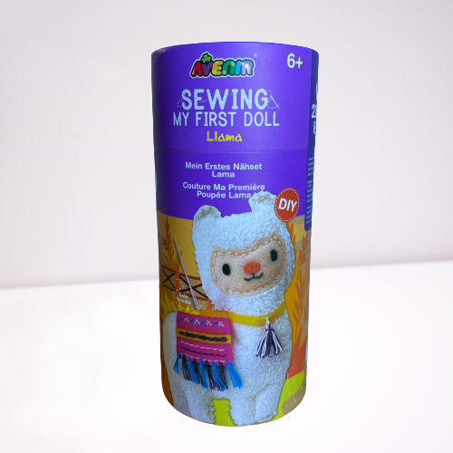 Childrens llama sewing kit in a cardboard tube.