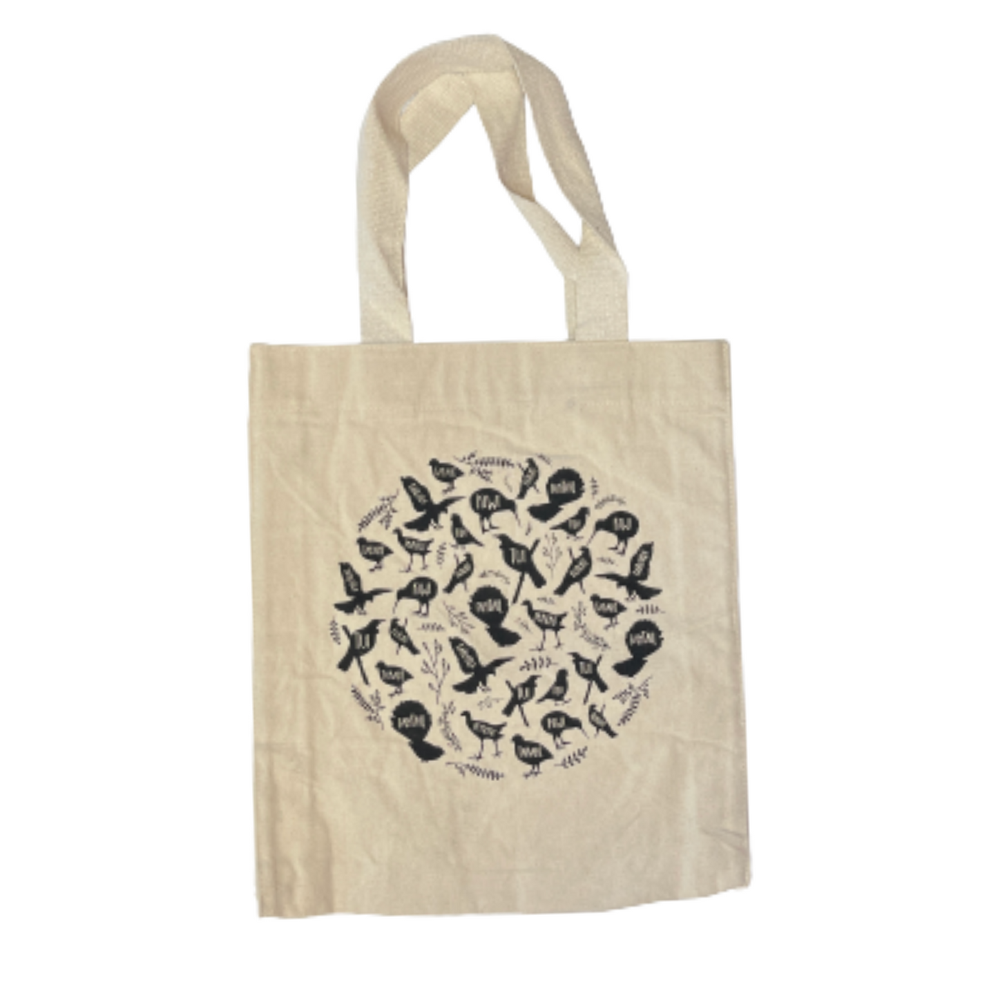 White Canvas tote bag with black print of native NZ birds on it.
