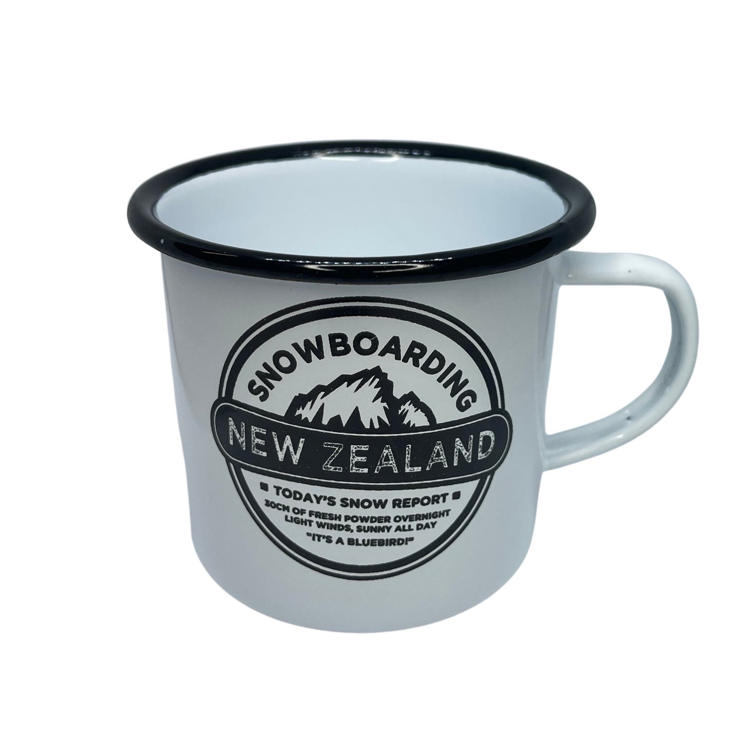 White enamel mug with black trim and image of a mountain with snowboarding new zealand written on it.