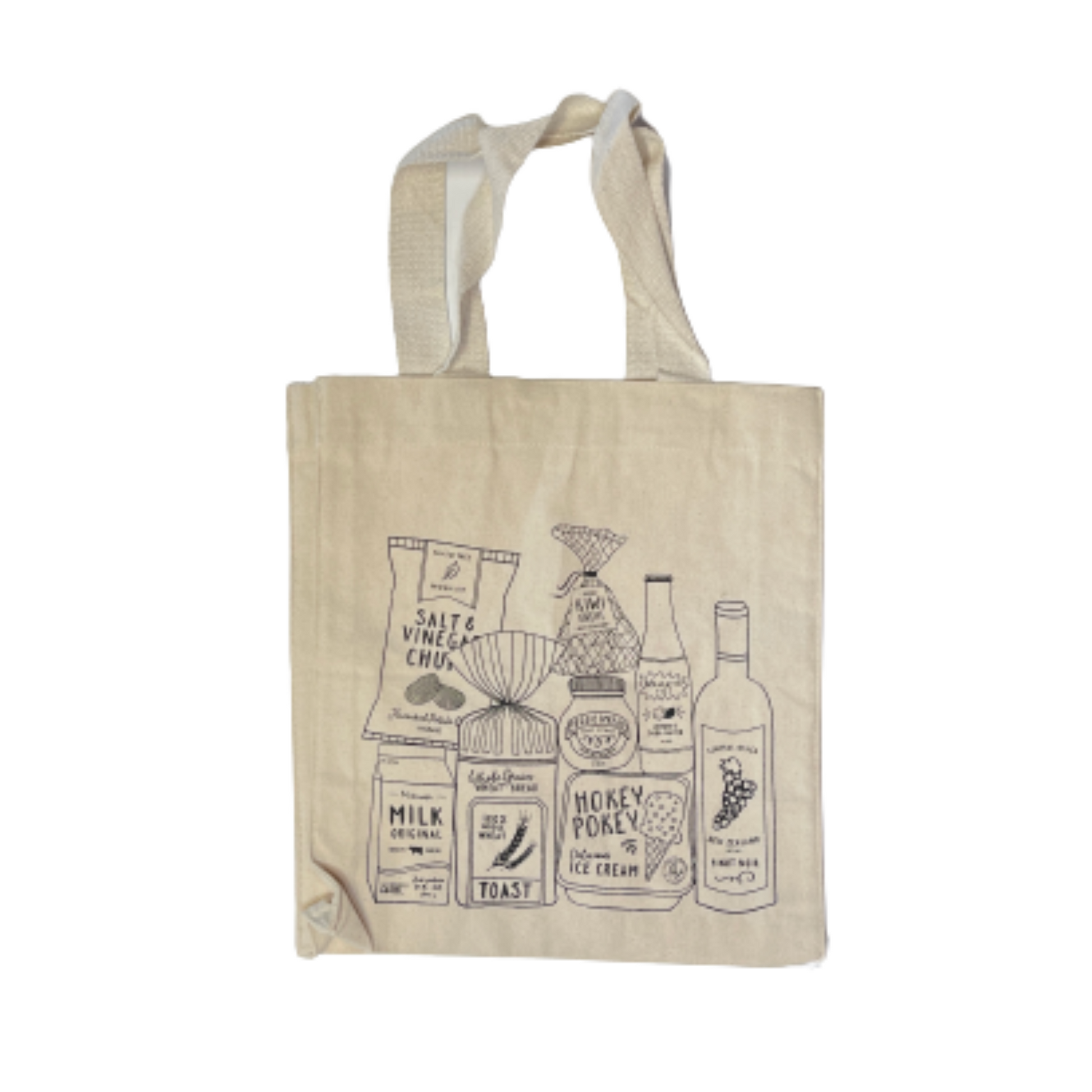 Canvas tote bag with black ink print of various Kiwi grocery staples such as bread, wine & hokey pokey ice cream.