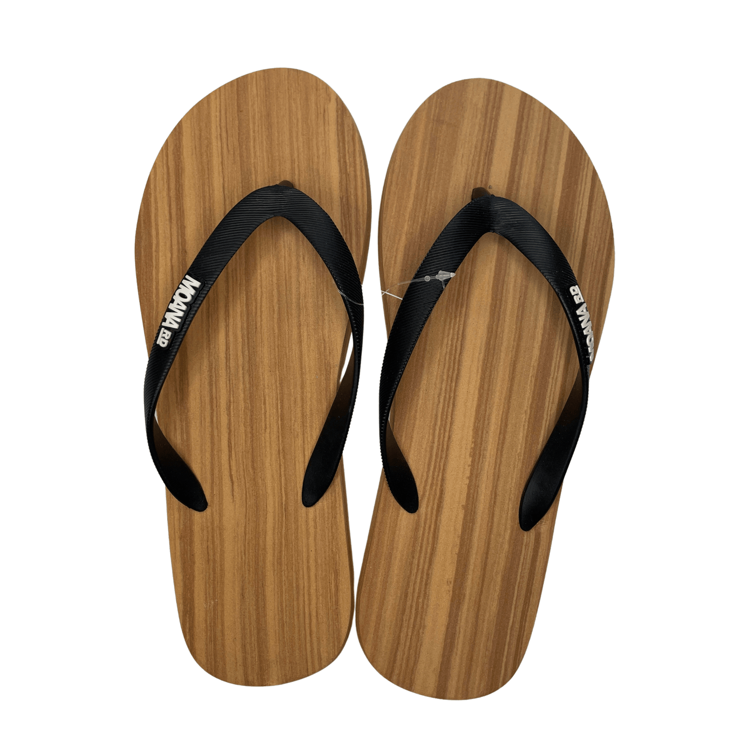 Wood grain patterned jandals with black straps on a white background.