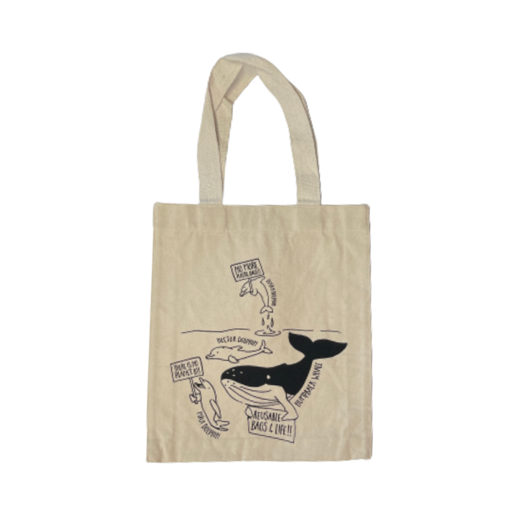 White canvas tote bag with whales and dolphins in black print protesting about plastic use.