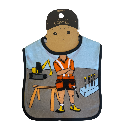 Baby bib with a construction scene and a builders body.