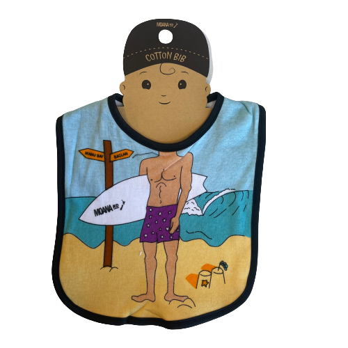 Baby Bib with a beach scene and the body of a surfer holding a surfboard.