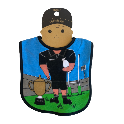 Baby bib featuring a rugby scene and body of a rugby player.