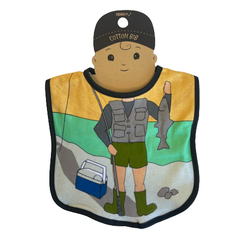 Baby bib with a fishing scene and body of a fisher person.