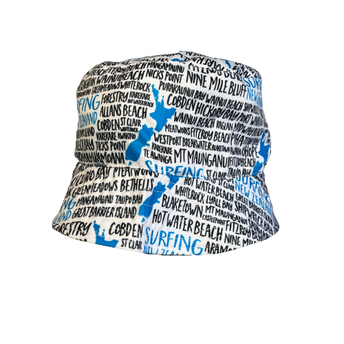 White bucket hat with blue NZ map and back text naming beaches.