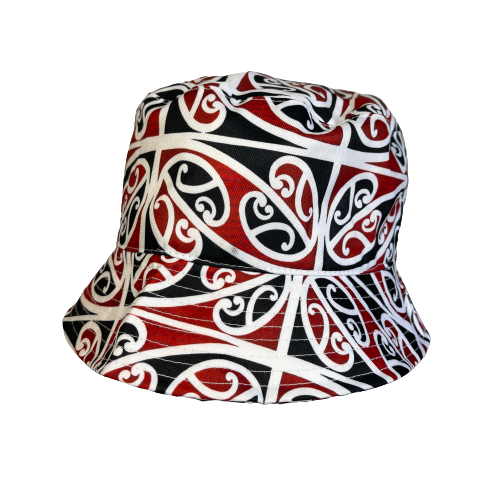 Bucket hat with black, red & white maori koru design.