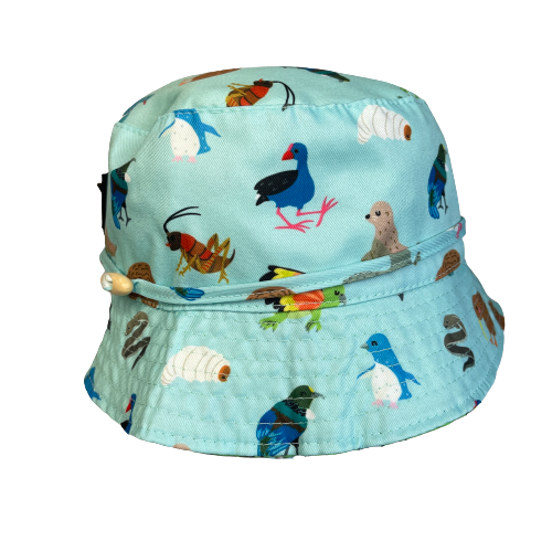 Light blue bucket hat with native New Zealand animals printed on it.