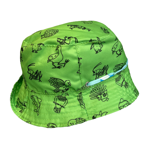 Bright green bucket hat with black outlines of Native New Zealand animals.