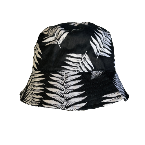 Black bucket hat with white fern print.