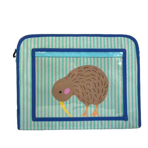 Kids satchel bag with a clear pocket and a kiwi bird inside the clear pocket.