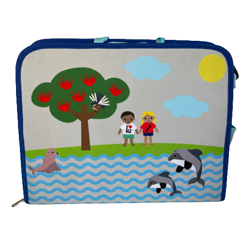 Kids satchel bag with pohutukawa tree, fantail, seal, hectors dolphins and 2 children painted on it.