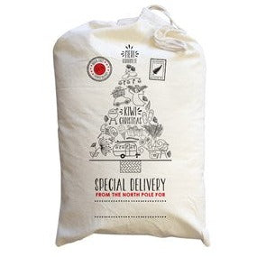 Large Christmas Sack, white with Kiwiana icons in a tree shape.