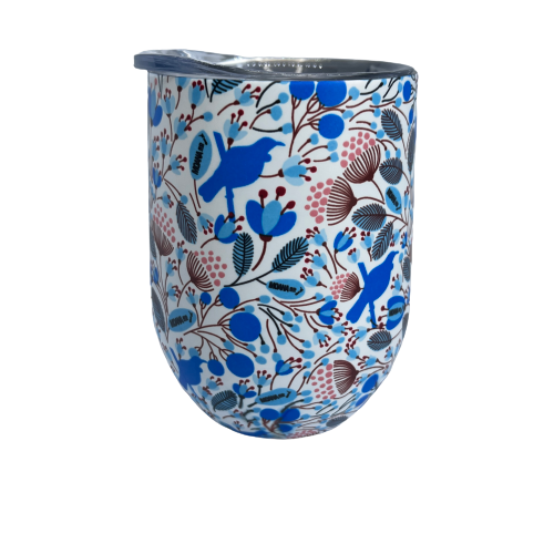 Stainless steel coffee mug painted white with blue Tui bird print.