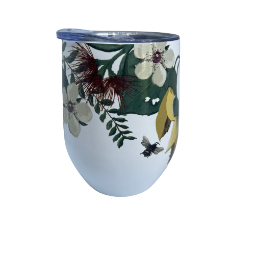 Stainless steel mug painted white with a floral design around the top half of the mug.