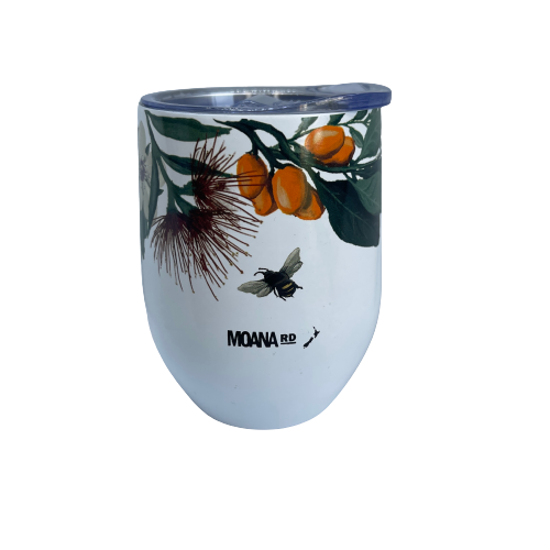 Stainless steel mug painted white with a floral design around the top half of the mug.