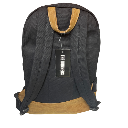 Back of black & tan backpack showing straps.