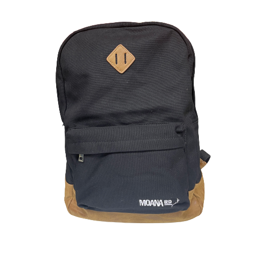 Black & tan backpack with 2 zippered compartments.