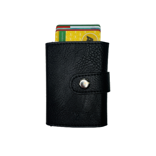Small pocket wallet in black showing cards sticking out the top.