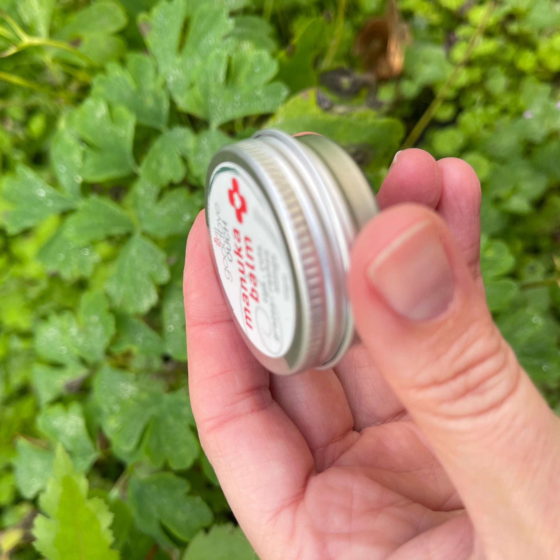 Persons hand holding a small tin of Manuka Balm by Goodbye Ouch showing width of tin.