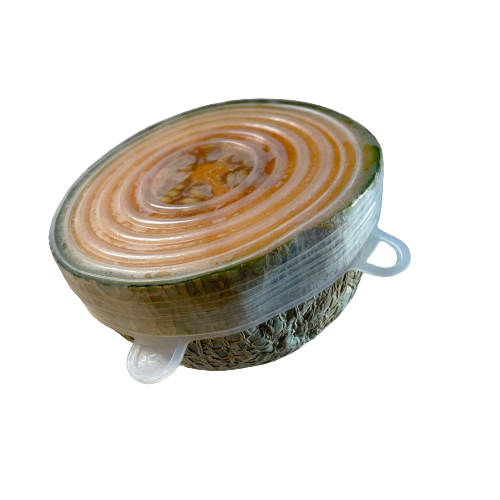 Rock melon cut in half and covered with a stretch silicone lid.