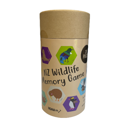 Cardboard tube holding an NZ Wildlife Memory Game.