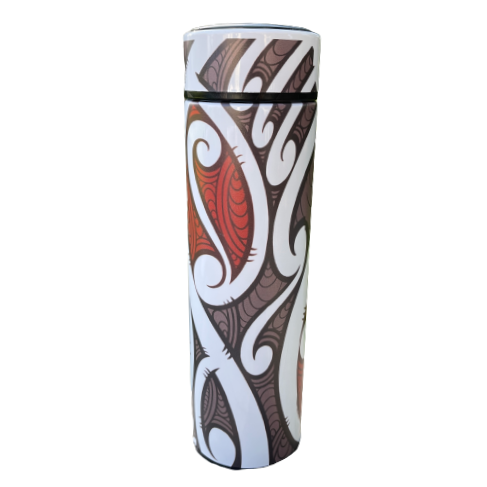 Drink bottle with black, white and red koru design.