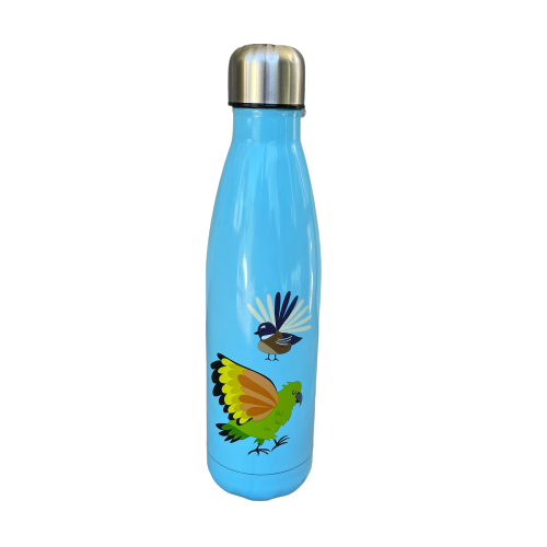 Bright blue drink bottle with a fantail and kea on it.