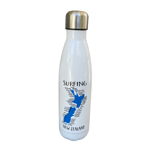 White drink bottle with map of New Zealand featuring surfing hot spots.