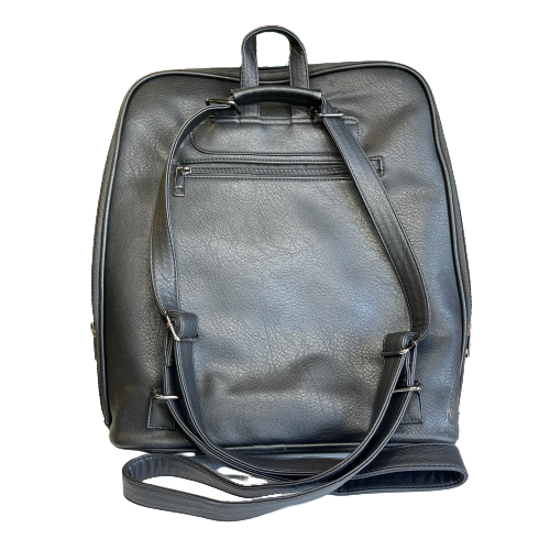 Back of black leather look backpack showing straps.
