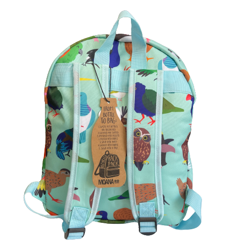 Back of a minty green backpack covered in bright prints of New Zealand birds.