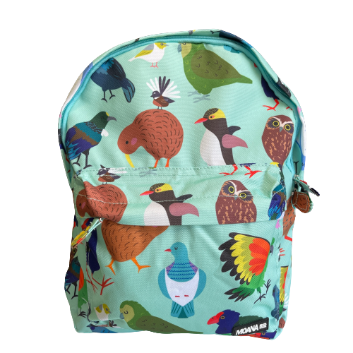 Minty green backpack covered in bright prints of New Zealand birds.