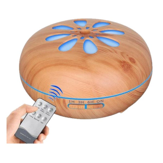 Ultrasonic Aroma Diffuser Natural Wood Grain Finish Flower Top with remote control.