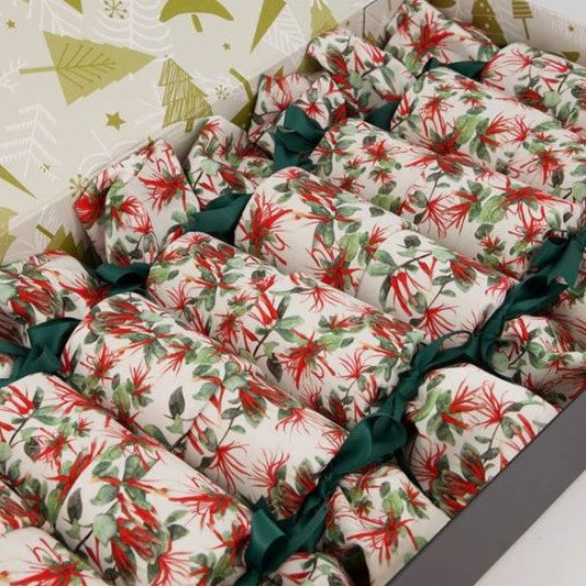 Reusable christmas crackers with a native mistletoe print.