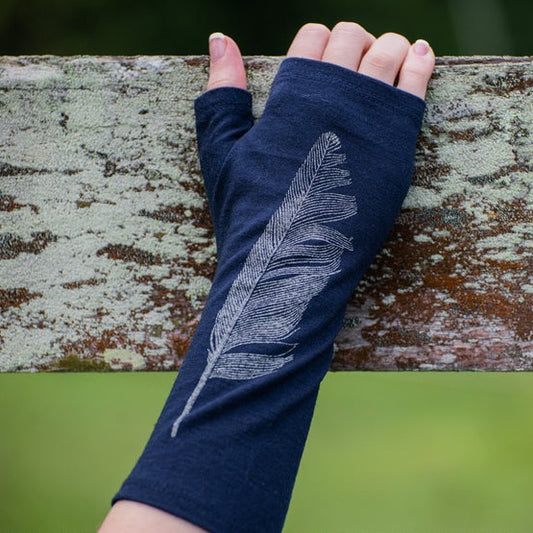 Fingerless merino gloves in navy with a silver feather print.