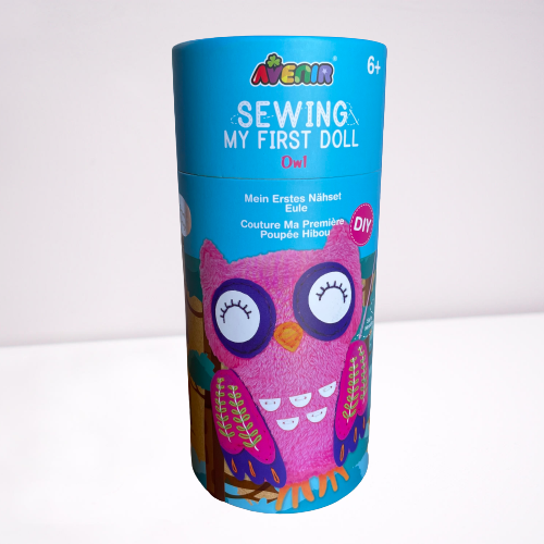 Childrens owl sewing kit in a cardboard tube.