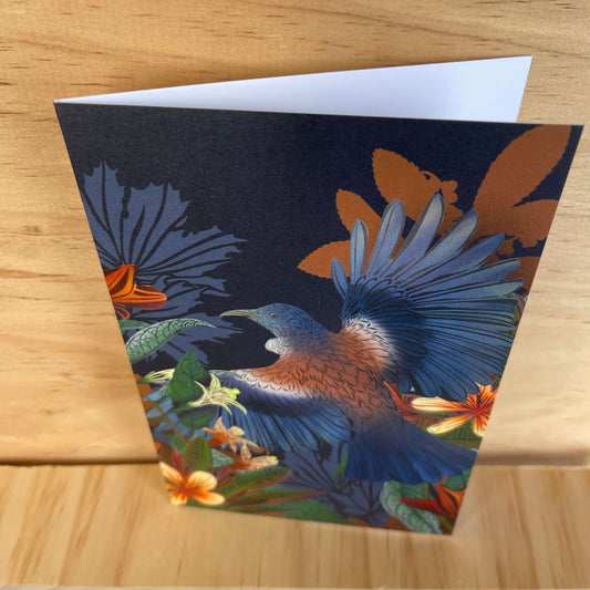 Greeting card by designer Flox featuring a Tui bird and flowers.