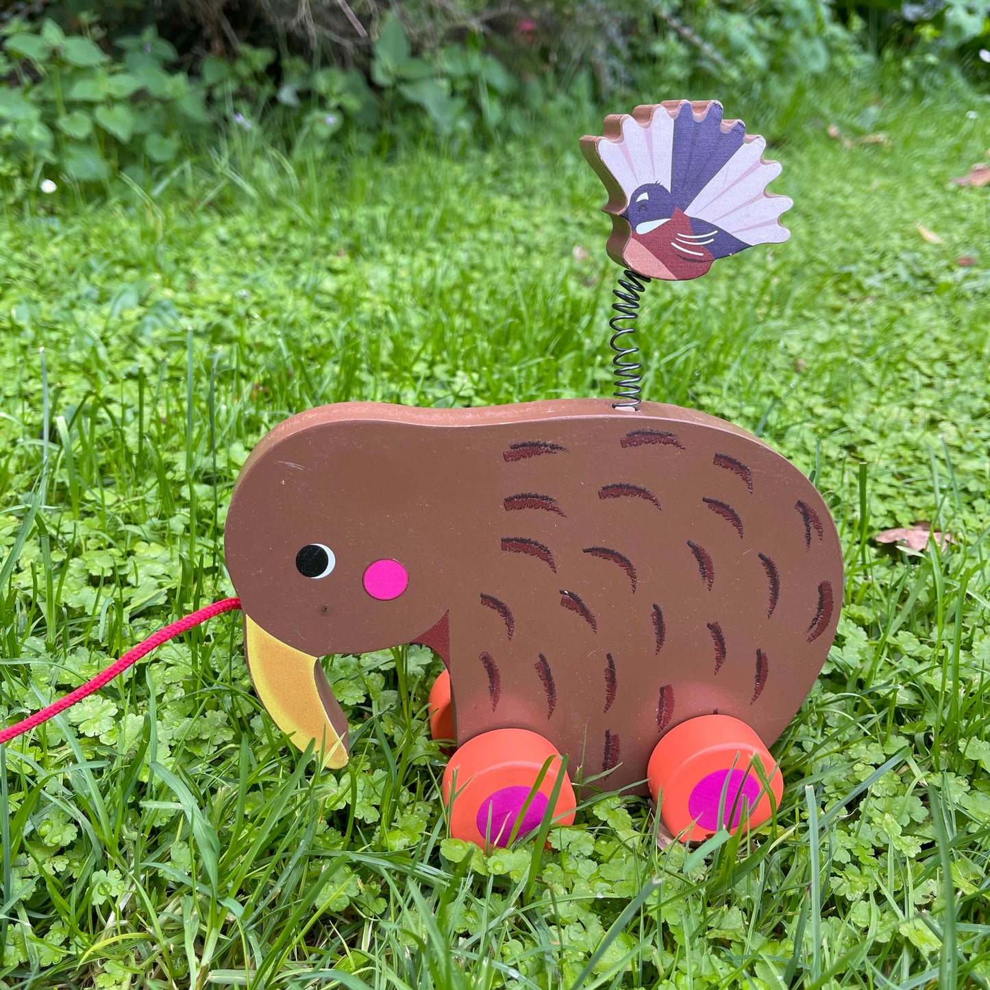 Pull-along wooden Kiwi bird toy with a fantail bird on a spring attached to the Kiwis back.