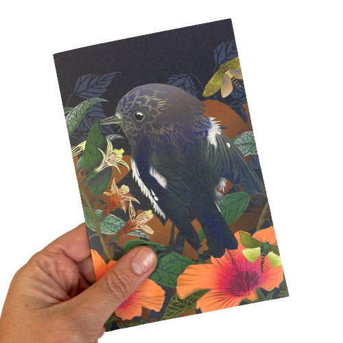 Greeting card by designer Flox featuring a Miromiro bird and Puriri Moth amongst flowers.