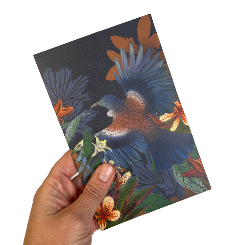 Greeting card by designer Flox featuring a Tui bird and flowers.