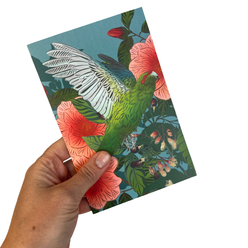 Greeting card by designer Flox featuring a Kakariki bird and Camellia flowers.