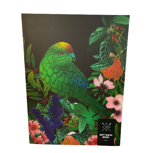 Flox gift wrap book cover featuring a Kakariki bird and flowers.