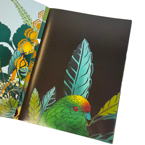 Flox gift wrapping page featuring a Kakariki bird.