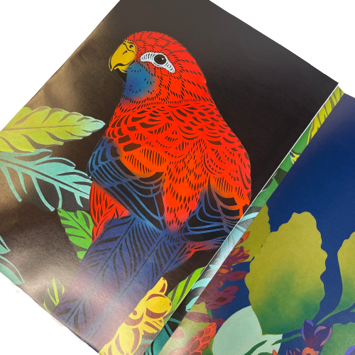 Flox gift wrapping page featuring a red parrot.